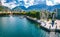 Town of Lecco aerial panoramic view, Como Lake