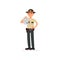 Town male sheriff police officer character in official uniform showing warrant sheet of paper vector Illustration on a