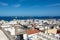 Town with part of the Santa Ana Cathedral, sea and freighter in Las Palmas on Gran Canaria, Spain