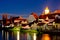 Town of Ptuj and Drava river evening riverfront view