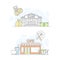 Town public building set. Bank and cafe facade, commercial property vector illustration