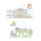 Town public building set. Court and flower shop facade, commercial property vector illustration