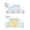 Town public building set. Hospital and university building facade, commercial property vector illustration