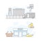 Town public building set. Prison and shop facade, commercial property vector illustration