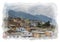 Town of Quito Ecuador shows houses and hills in background. Digital Drawing