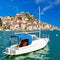 Town of Sibenik turquoise waterfront and boats view