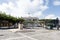 Town square of Le Moule, Guadeloupe, with bronze statue in the center