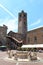 Town square Piazza Vecchia and old city tower Torre Civica in Bergamo, Citta Alta