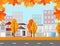 Town street view, buildings in autumn season. Vector Mapple leaves background