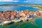 Town of Umag historic coastline architecture aerial view