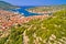 Town of Vela Luka on Korcula island aerial panoramic view