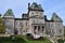 Townhall historical building. Sherbrooke, Quebec city hall front elevation. Green copper roof details.