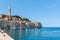 Townscape of the idyllic coastal town of Rovinj in Croatia with blue sky in the background