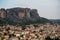 Townscape scenic aerial view of Kalambaka ancient town with beautiful rock formation hill, immense natural boulders pillars