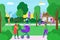 Townspeople character together walk city garden, different people stroll outdoor urban park flat vector illustration
