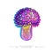 A toxic fantastic psilocybin mushroom. Drawing of a magical surreal hallucinogenic mushroom in purple flowers. The concept of a