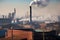 toxic fumes from smokestack rise above factory, surrounded by polluted cityscape