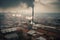 toxic fumes from smokestack rise above factory, surrounded by polluted cityscape