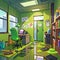 Toxic office with puddles of slime, cute simple anime style illustration