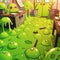 Toxic office with puddles of slime, cute simple anime style illustration