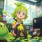 Toxic office with puddles of slime, cute simple anime style illustration