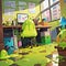 Toxic office with puddles of slime, cute simple anime style illustration