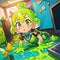 Toxic office with puddles of slime, cute simple anime style illustration