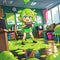 Toxic office with puddles of slime, cute simple anime style illustration