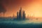Toxic Skies: city skyline with thick layer of smog and pollution, emphasizing the impact of human activity on air