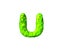 Toxic slime font - letter U in alien style isolated on white background, 3D illustration of symbols