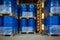 Toxic waste/chemicals stored in barrels at a plant - cans with chemicals, industry oil barrels, chemical tank, hazardous waste,