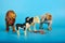 Toy animals made of plastic on a blue background, baby little animals