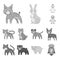 Toy animals monochrome icons in set collection for design. Bird, predator and herbivore vector symbol stock web