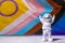 Toy astronaut on Rainbow LGBTQIA flag made from silk material background. Happy pride month. Symbol of LGBTQ pride month