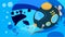 Toy bathyscaphe in conducts research in an underwater cave. Children toys and entertainment. Underwater research. Vector