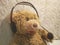 A toy bear cub responds by a headset - headphones and a microphone