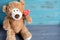 Toy bear with a heart. The basis for the greeting card. Preparation for a romantic card with bears and hearts. Valentine card