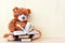 Toy bear reading an interesting book, showing that even read toys. the concept of baby learning
