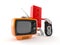 Toy block character with tv set and remote