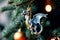 Toy blue dragon decorates Christmas tree hangs on rope close up