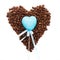 Toy blue heart lie on the circle of roasted coffee beans laid out in the form of heart isolated on white background