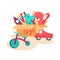 Toy Box, full of children s toys including fox, Ball, car, rocket, dinosaur, bicycle. Vector illustration cartoon.