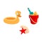 Toy bucket, shovel, rubber duck ring, sea shells