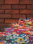 Toy building blocks in corner of city brick building detail