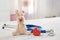 Toy bunny, stethoscope and heart on table, space for text. Children`s doctor