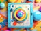 A toy camera sitting on top of a pile of colorful balls, vibrant pop art image.