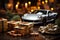 Toy car on the background of a Christmas tree and gold coins