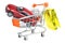 Toy car in shopping cart with hanging gold package isolated on w