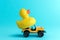 Toy car and yellow rubber duck on blue background. Summer minimal concept