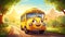 A toy cartoon cheerful Yellow school bus with eyes and a smile takes children to school along the city road. Illustration on the